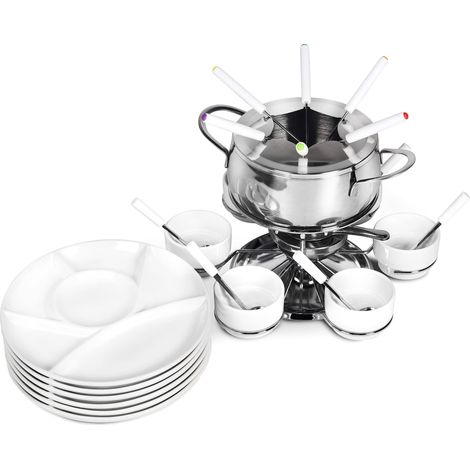 Service à Fondue de 28 Pièces en INOX, 6X Fourchette, Cuillère, Assiette, Bol de Fondue au Fromage, Fondue à la Viande, pour 6 Personnes (1/5)