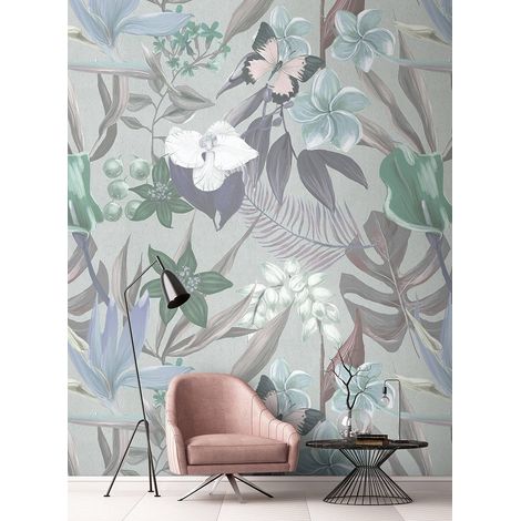 Papier peint panoramique exotique gris clair | Tapisserie panoramique tropicale moderne pour salon | Papier peint panoramique pour cage d'escalier - 270 x 400 cm (4 pièces) (1/5)