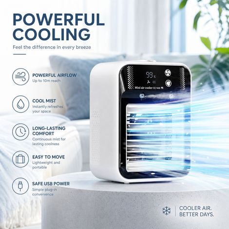 Ventilateur Brumisateur Portable L7, Refroidissement par Eau, 9 Lames, Autonomie 10h, USB Rechargeable, Compact pour Bureau et Chambre (1/4)