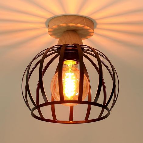 Luminaire Plafonnier Industriel E27 Lampe de Plafond en Bois Métal Design Cage 20cm Vintage Lustre Abat-Jour Rétro Lampe Décoration d'éclairage pour Chambre Salon Couloir Entrée (Noir) (1/5)
