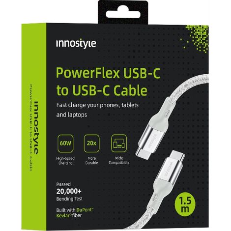 Cavo USB-C Innostyle PowerFlex per ricarica rapida per iPhone e Samsung, 3A 60W, in kevlar, 2 m, argento. (1/5)