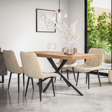 Donni Dining Table And Chairs -  Oak Effect Table Top w Black Legs + Nova Velvet Dining Chair Set Of 6 (Beige)