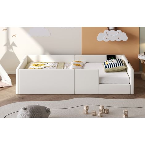 Letto imbottito piattaforma 90x200 cm moderno, MDF e PU bianco, con sponde di protezione, stazione di ricarica e rete a doghe (1/5)