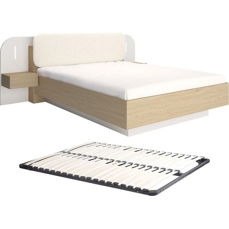 Lit avec chevets 160 x 200 cm - Avec LEDs - Coloris : Beige et naturel + Sommier - LYORIMA