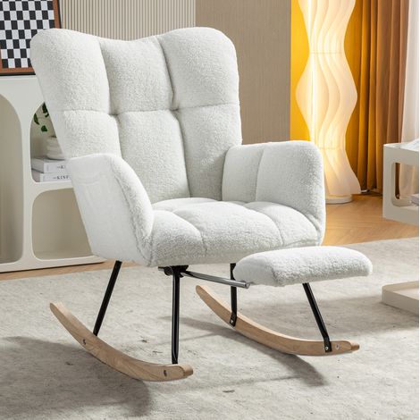 Silla mecedora tapizada en tejido Teddy, con reposapiés abatible, blanca HAVRYA (1/5)