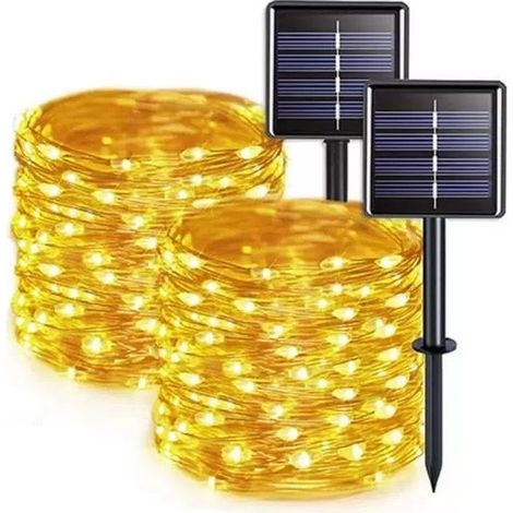 Lot de 2 guirlandes lumineuses solaires d'extérieur, 12 mètres chacune, 100 LED, fil de cuivre étanche et 8 modes, lumières clignotantes solaires pour jardin, mariage, clôture (blanc chaud) (1/4)