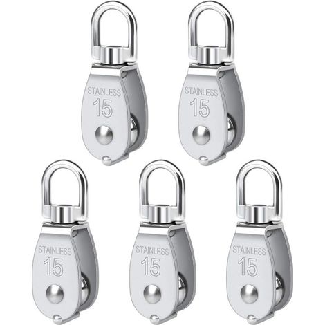 Poulie simple pivotante M15 en 5 pièces, poulie simple robuste en acier inoxydable, poulie simple lisse, rouleau de charge 35 kg (1/5)