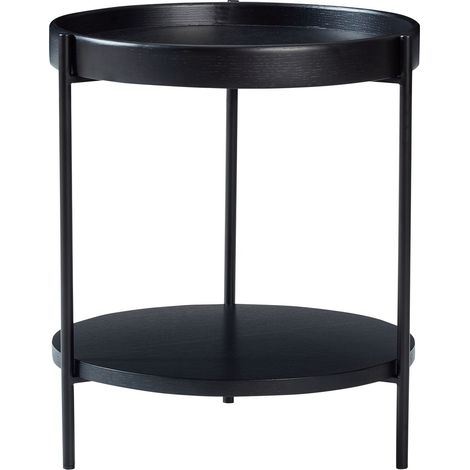 Table basse ronde avec design de plateau à 2 niveaux, en bois massif et métal, en 3 couleurs: frêne naturel / noyer / noir, combinable avec la table d’appoint assortie (44x44x48 cm), montage facile