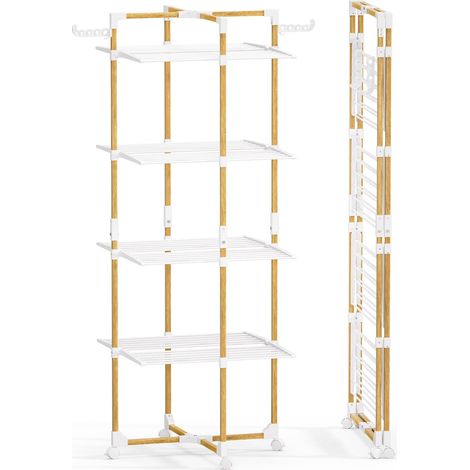 VOUNOT® Séchoir à linge tour pliable 99x69x175,5cm, Étendoir 4 niveaux grande capacité avec roulettes, 33m d’étendage, Blanc