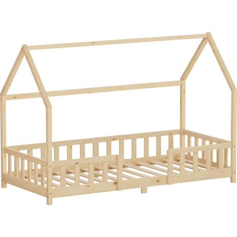 ML-Design Kinderbett Hausbett 90x200 cm mit Rausfallschutz, Dach & Lattenrost, Natur, Bettgestell aus massivem Kiefernholz, Montessori Bodenbett, Holzbett für Mädchen & Jungen, Jugendbett, Einzelbett