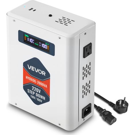 VEVOR Convertidor Reductor de Voltaje de 2000 VA, de 220 V a 110 V, de Alta Resistencia, con 2 Tomas de Corriente Estadounidenses, Salida USB, Pantalla LCD, Protección de Temperatura, Blanco