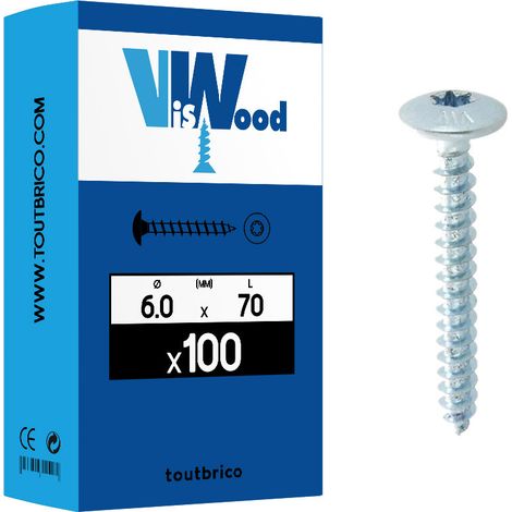 Vis de penture empreinte Torx acier zingué blanc entièrement filetées, dimensions 6 x 70 en boîte de 100 pièces - VISWOOD (1/2)