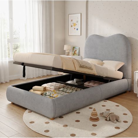 Letto singolo per bambini 90x200 cm grigio in lino con contenitore idraulico e rete a doghe (1/5)