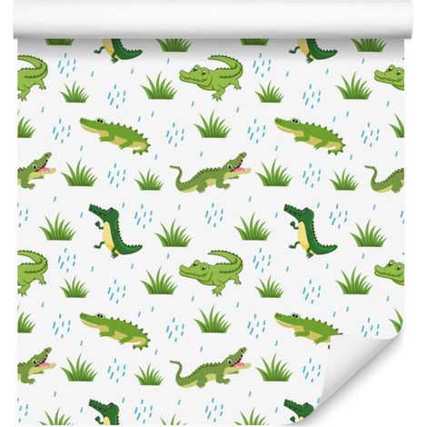 Papier peint crocodile blanc, citron vert, gris clair et vert 50x1000 cm (1/5)