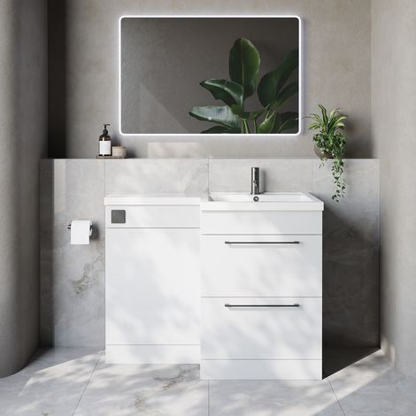Napoli 460 Gloss White 1100mm 2 Drawer Vanity Unit Toilet Suite with Right Hand Square Lucia Basin - 1100mm - Gunmetal Grey 320mm HandleWithout Kingston Toilet Pan