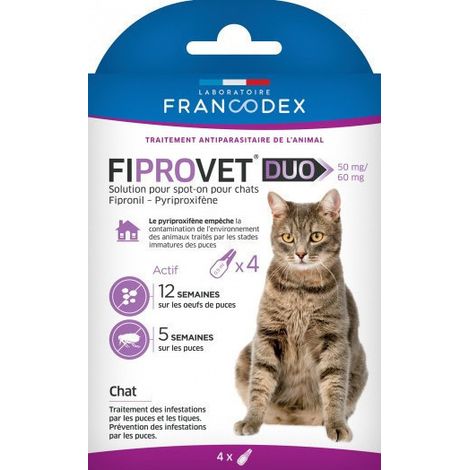 4 pipettes anti puces Fiprovet duo pour chat - Francodex (1/4)