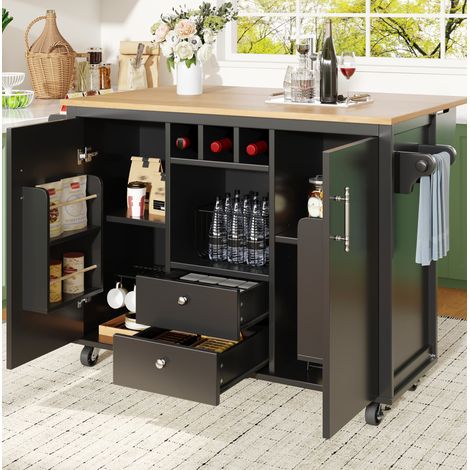 Isla de cocina 137.9x73x92 cm negra en MDF y metal con tablero abatible y ruedas (1/5)