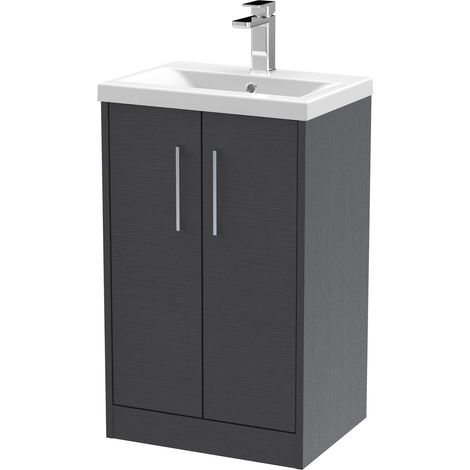 Winshill Contemporary 2 Door Floor Standing Vanity Unit with Mid-Edge Basin, Woodgrain Dark Grey, 500mm (1/4)