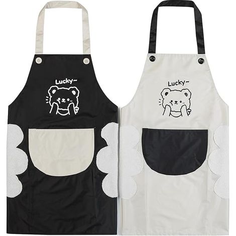 Lot de 2 tabliers de cuisine, comprenant une serviette pour les mains, imperméables, avec poches, bavoirs de cuisine, tabliers, en PVC（Noir et blanc）