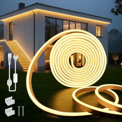 Neon Ruban LED Exterieur 10m Blanc Chaud 3000K Néon Bandeau Led 220V Exterieur Etanche IP65 Imperméable Bande LEDs DIY Flexible Découpable Rubans à Leds 120LED/m Avec Alimentation (1/5)