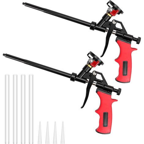 Lot de 2 Pistolets à Mousse Polyuréthane avec Valve - Pas besoin de Nettoyant - Pistolet Doseur en Métal avec Poignée Ergonomique en Plastique - Pour Bricoleurs et Professionnels - Rouge (1/5)