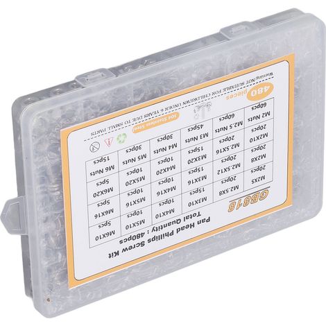 Coffret de 480 vis à tête bombée et cruciforme, en acier inoxydable 304, comprenant vis, écrous et rondelles, tailles M2, M2.5, M3, M4, M5 et M6. (1/5)