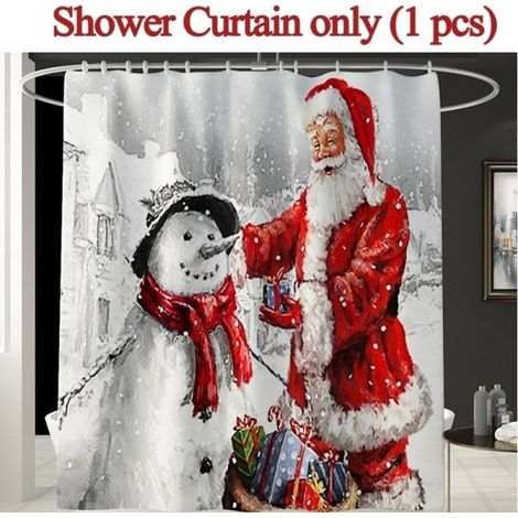 Rideau de douche Jul Jultomten, décor salle de bain, accessoire toilette, tissu imperméable, motif Père Noël, 180x200 cm, ensemble 1 pièce, ambiance festive (1/4)