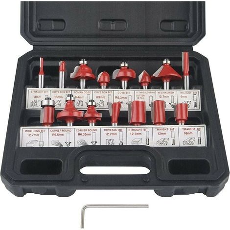 Juego de 15 brocas para enrutador de 1/4" (6,35 mm), punta de carburo de tungsteno y vástago de acero forjado. (1/4)