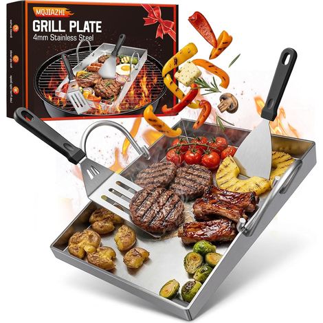 Plancha Plaque de cuisson 40 x 30 cm avec perforation, plaque en acier inoxydable de 4 mm, résistante à la chaleur et sans déformation, adaptée pour les hamburgers, les légumes, le poisson et le steak (1/5)