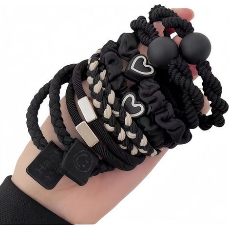 10 piezas gomas cabello inofensivas, gomas cabello gruesas inofensivas, gomas cabello costuras, gomas goma duraderas, coletas (5 negras sólidas (1/5)