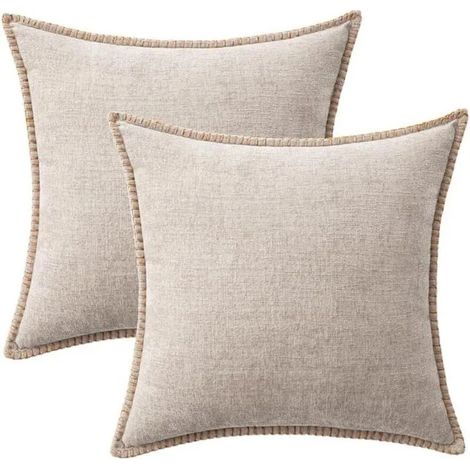 Set mit 2 Kissenbezügen, 45 × 45 cm, naturbeige, weicher Chenille, gesteppte Kanten (1/4)