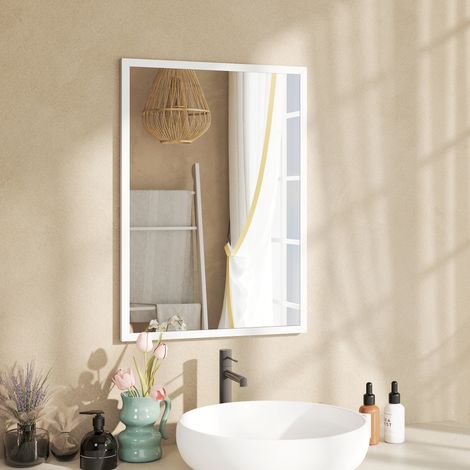 Miroir mural rectangulaire avec crochets. En verre et MDF. 50 x 70 cm. Blanc.