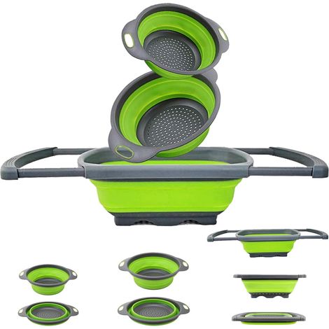 QAZQA Passoire Pliable Cuisine,Set of 3 Fruit Basket Panier Collapsible Colander pour La Cuisine Usage Domestique,Silicone Passoire avec Poignées Extensibles - Parfait pour Égoutter Légumes, Fruits, P