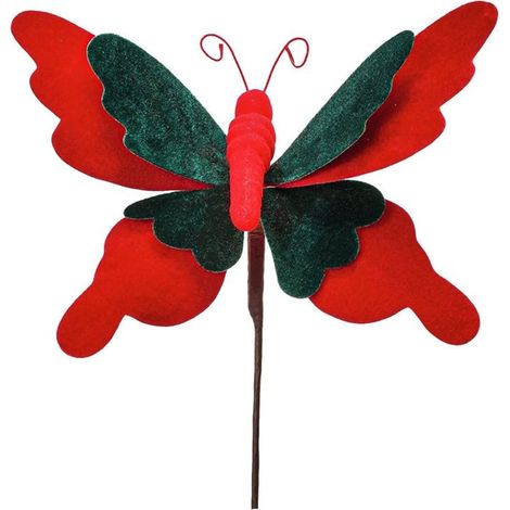 TrAdE Shop Traesio - Rametto Decorativo Natalizio A Farfalla In Tessuto Floccato 26x19 Cm Ornamento Per Feste - Rosso e verde (1/2)