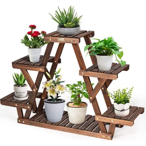 Goplus – Support de plantes en bois 4 niveaux – Etagère pour 6 à 8 pots – Structure triangulaire stable – Dimensions 99x25x64,5cm (1/5)
