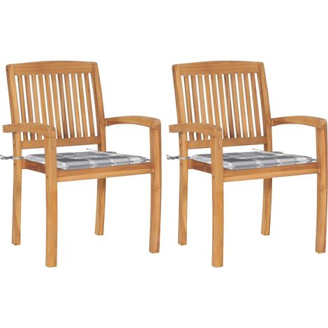 Gartenstühle 2 Stk. Graue Karomuster Kissen Massivholz Teak vidaXL (1/5)