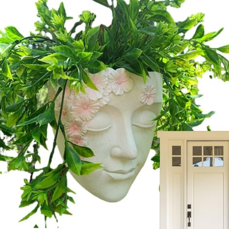 Pot de fleurs universel orné d'un motif de visage de femme. Ce pot mural en résine convient aussi bien à l'intérieur qu'à l'extérieur. (1/5)