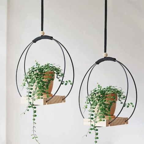 Support de Pot de fleur suspendu 2 pièces, panier suspendu en bois pour plantes décoratives de balcon (rond noir) (1/4)