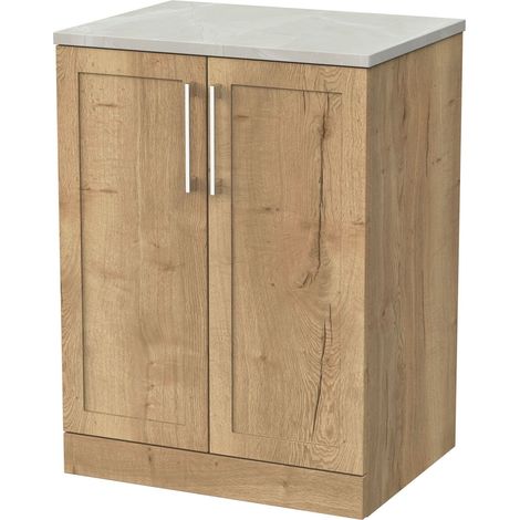 Stonnall Traditional Floor Standing 2 Door Vanity Unit with Marble Plaster Laminate Worktop, 600mm, Autumn Oak (1/4)