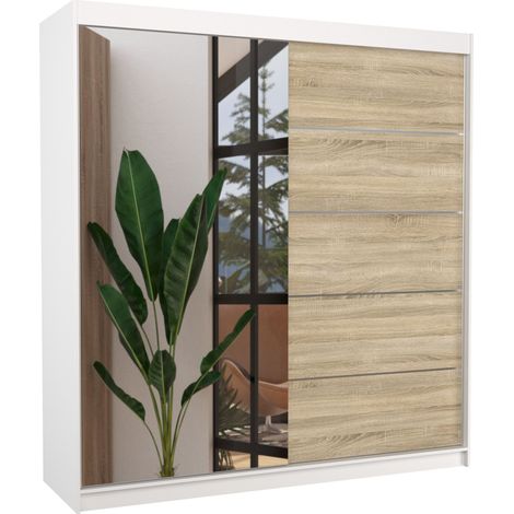 Les Tendances – Armoire chambre adulte 2 portes coulissantes blanc et naturel avec miroir – Dimensions L 200 x H 215 x P 58 cm – Design moderne européen (1/4)