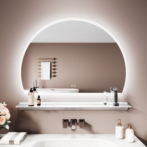 SIRHONA Miroir lumineux de salle de bain avec étagère éclairée - Miroir Intelligent Anti-Buée, LED 3 Tons à Mémoire, Design Semi-Cercle, 100x70 cm