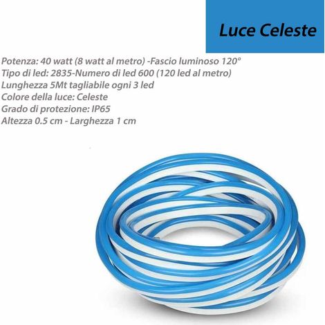 Strip led neon flex striscia curvabile modellabile 600 led decorativa 5 metri luce celeste ip65 waterproof (1/4)