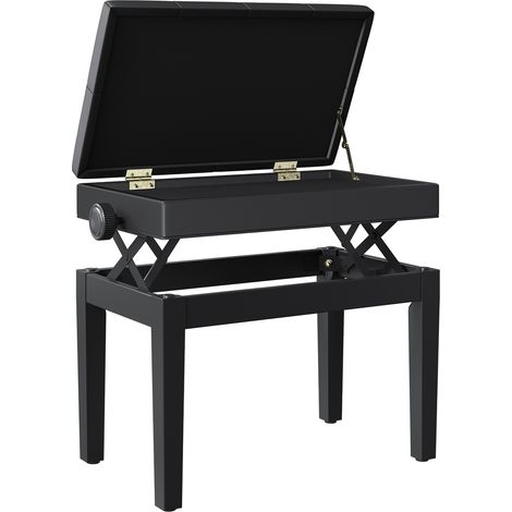 Banc de piano réglable en hauteur, en bois massif, avec compartiment de rangement dissimulé, assise rembourrée en polyuréthane à 10 boutons, stable et antidérapante, charge maximale 200 kg, noir.