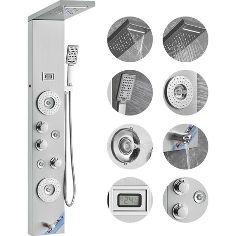 Système de Panneau de Douche avec 6 Modes, Tour de Panneau de Douche LED et Affichage, Pluie, Cascade, 4 Jets de Massage, Bec de Baignoire et Pomme de Douche avec Tuyau, Ensemble de Douche (1/5)