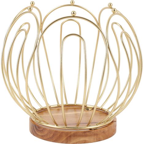 Panier de rangement pour capsules de café avec socle en bois et structure métallique dorée - Organiseur moderne pour comptoir (base solide, capacité 25 capsules) (1/5)