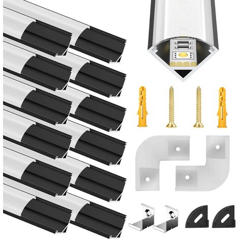 Black Led Aluminium Profiles 12x1m V Shape, Aluminum Channel for Led Strips, Led Profile with Cream White Cover, Channel and Diffuser with End Caps, Metal Mounting Clips (1/5)