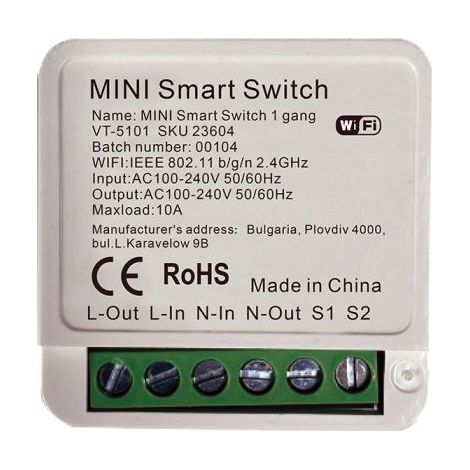 Interruptor inteligente Wi-Fi V-TAC Mini de 1 canal y 150 W con aplicación Smart Life, Alexa y Google