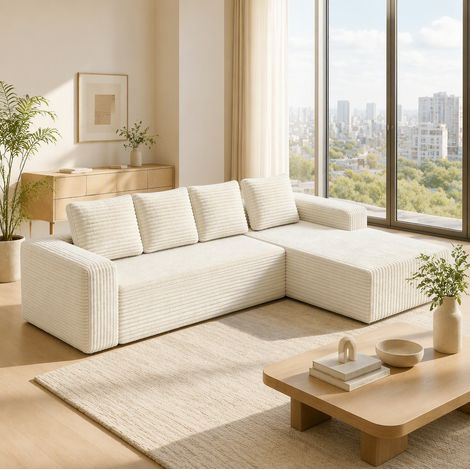 Divano angolare modulare a L senza montaggio, seduta confortevole per soggiorno o camera, velluto a coste - beige (1/5)