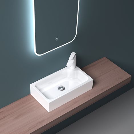 Bathroom Cloakroom 460×260mm Compact Sink Stone Resin Basin - Countertop Mount Rectangular Bathroom Vessel - Single Corner Tap Hole - 460mm wide -Durovin Bathrooms