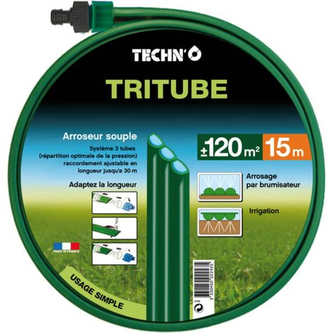 Manguera de riego flexible Tritube verde 15 m con conexiones / Fabricada en Francia